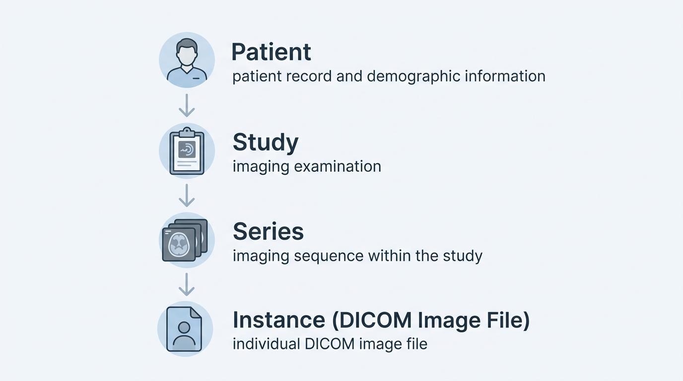 DICOM-Datenhierarchie, die Patientenstudie, Serie und einzelne DICOM-Bilddateien zeigt