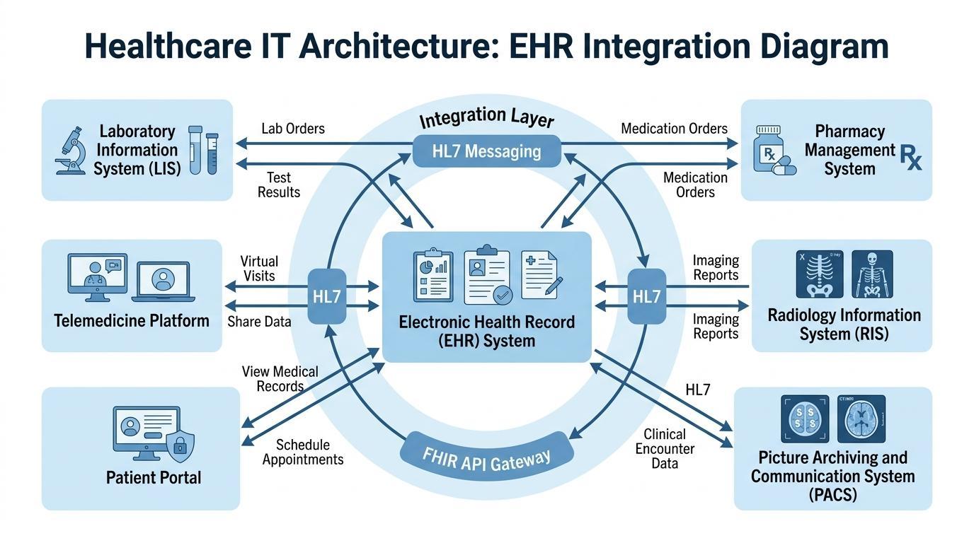 Diagramm der IT-Architektur im Gesundheitswesen, das die Integration der elektronischen Patientenakte (ePA) mit Laborsystemen, PACS-Bildgebungsinfrastruktur, Apothekensystemen und der FHIR-API-Interoperabilitätsschicht zeigt