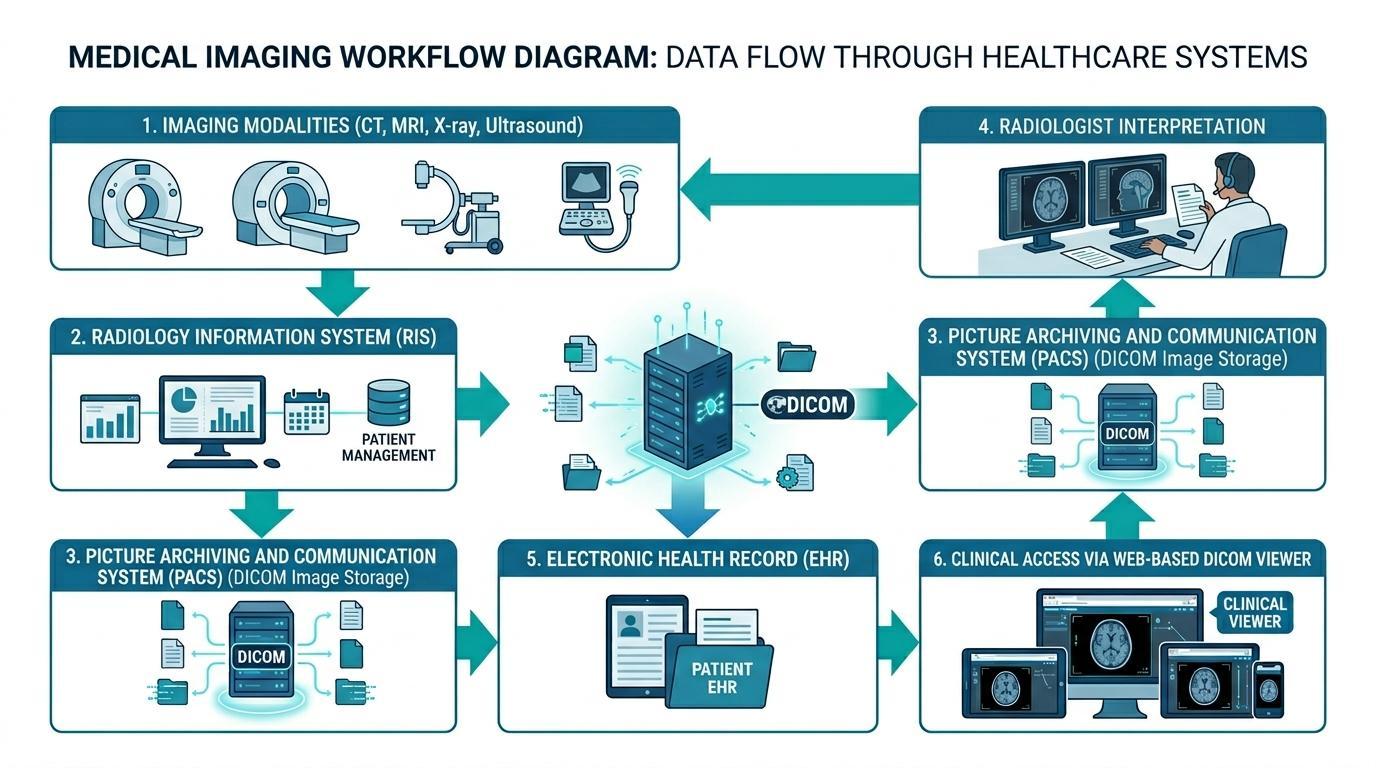 Diagramm des Arbeitsablaufs in der medizinischen Bildgebung, das zeigt, wie CT-, MRT- und Röntgenstudien von RIS- und PACS-Systemen in die elektronische Patientenakte für den klinischen Zugriff über einen webbasierten DICOM-Viewer gelangen