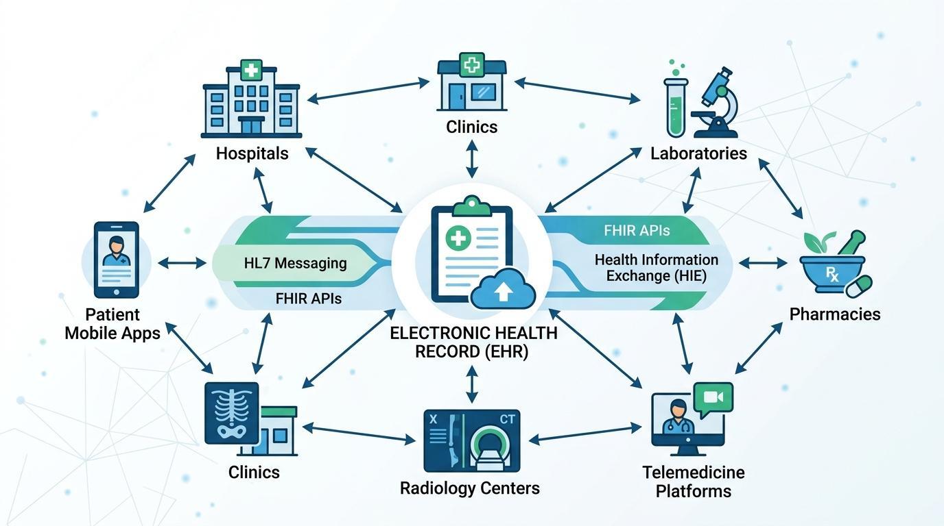 Ökosystem der Interoperabilität im Gesundheitswesen, das den ePA-Datenaustausch mit Krankenhäusern, Laboren, Radiologiesystemen und Telemedizinplattformen unter Verwendung von HL7-Messaging und FHIR-APIs zeigt