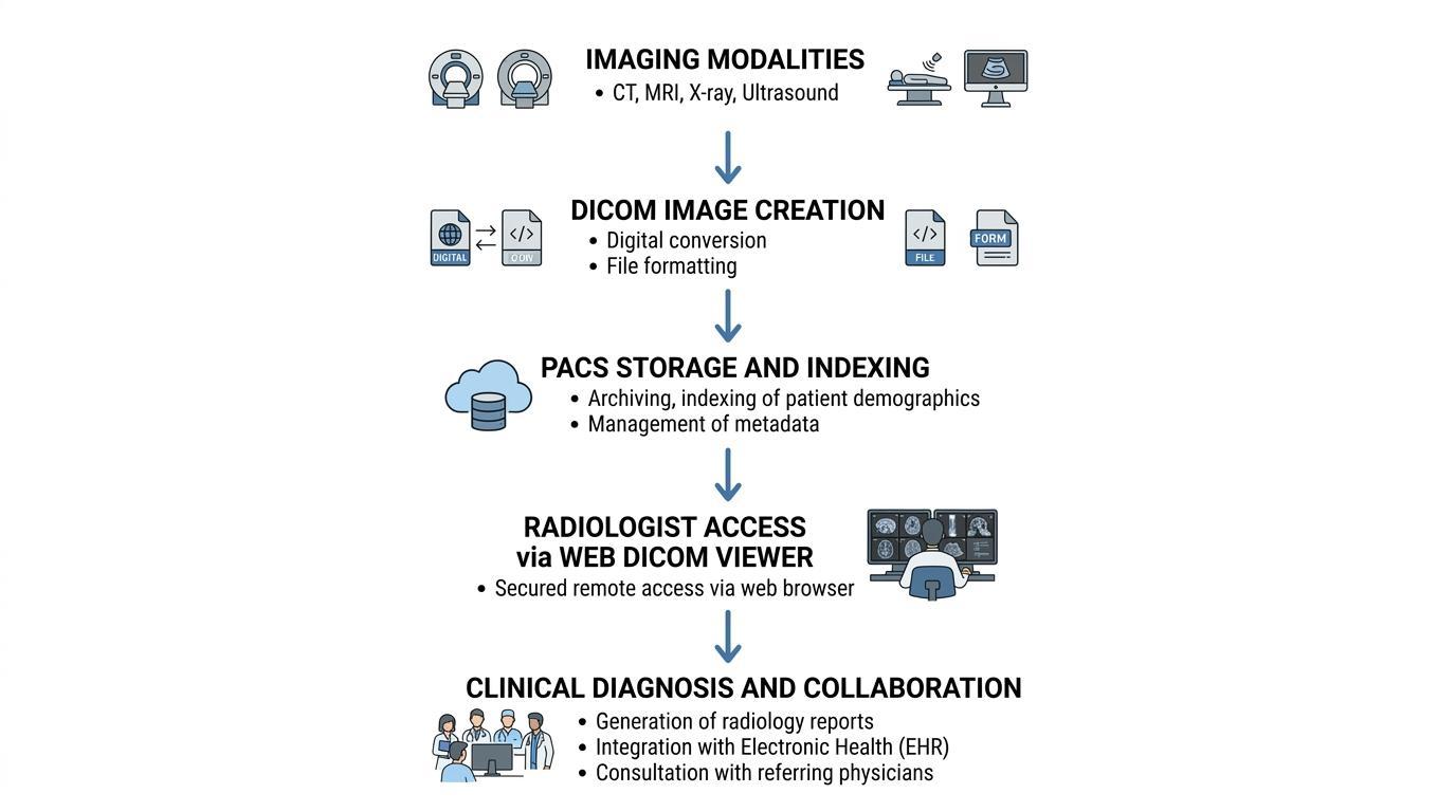 Workflow-Diagramm, das zeigt, wie PACS medizinische DICOM-Bilddateien speichert und organisiert