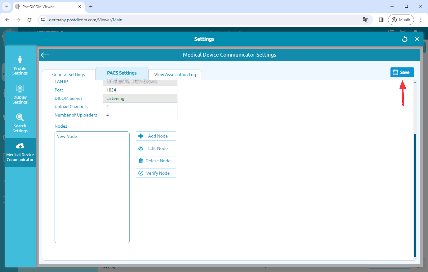 Editing Medical Device Communicator (MeDiC) PACS Server Settings for Windows